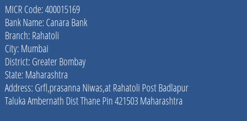 Canara Bank Rahatoli Branch Address Details and MICR Code 400015169