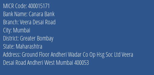Canara Bank Veera Desai Road Branch Address Details and MICR Code 400015171