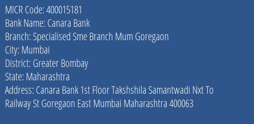 Canara Bank Specialised Sme Branch Mum Goregaon Branch Address Details and MICR Code 400015181