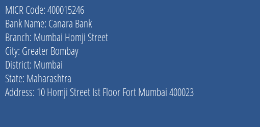Canara Bank Mumbai Homji Street Branch Address Details and MICR Code 400015246
