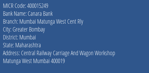 Canara Bank Mumbai Matunga West Cent Rly Branch Address Details and MICR Code 400015249