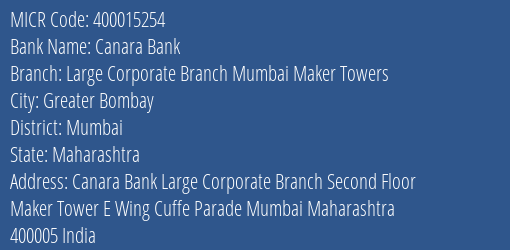 Canara Bank Large Corporate Branch Mumbai Maker Towers Branch Address Details and MICR Code 400015254