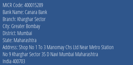 Canara Bank Kharghar Sector Branch Address Details and MICR Code 400015289