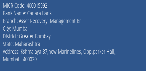 Canara Bank Asset Recovery Management Br Branch Address Details and MICR Code 400015992