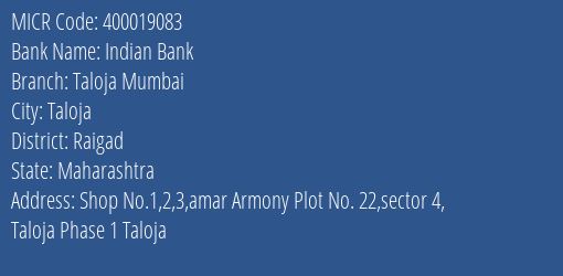 Indian Bank Taloja Mumbai MICR Code