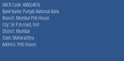 Punjab National Bank Mumbai Pnb House MICR Code