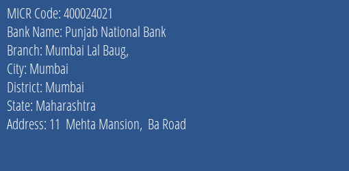 Punjab National Bank Mumbai Lal Baug MICR Code