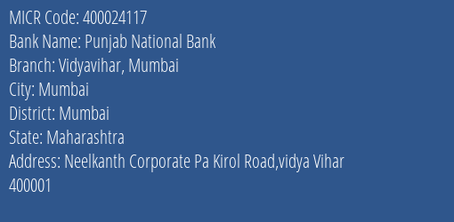 Punjab National Bank Vidyavihar Mumbai MICR Code