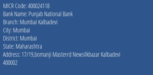 Punjab National Bank Mumbai Kalbadevi MICR Code