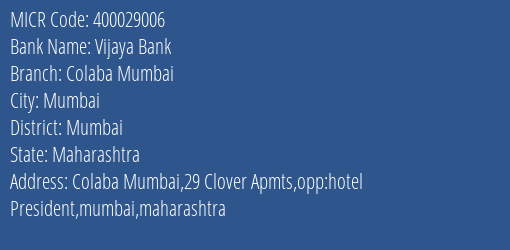 Vijaya Bank Colaba Mumbai Branch Address Details and MICR Code 400029006