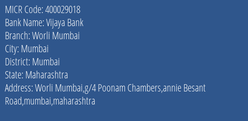 Vijaya Bank Worli Mumbai Branch Address Details and MICR Code 400029018