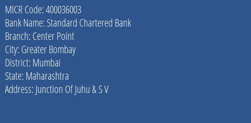 Standard Chartered Bank Center Point MICR Code
