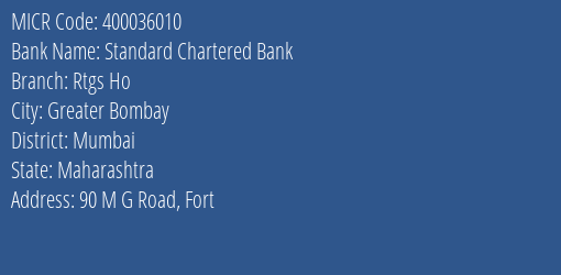 Standard Chartered Bank Rtgs Ho MICR Code