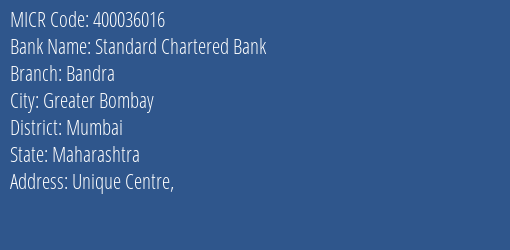 Standard Chartered Bank Bandra MICR Code