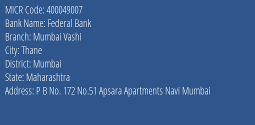 Federal Bank Mumbai Vashi MICR Code