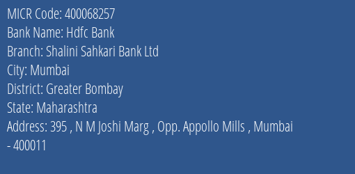 Shalini Sahkari Bank Ltd N M Joshi Marg MICR Code