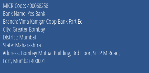 Vima Kamgar Coop Bank Head Office MICR Code