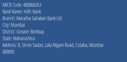Maratha Sahakari Bank Ltd Lala Nigam Road Colaba MICR Code