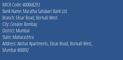 Maratha Sahakari Bank Ltd Eksar Road Borivali West MICR Code