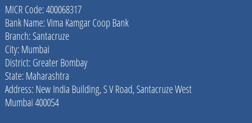 Vima Kamgar Coop Bank Santacruze MICR Code
