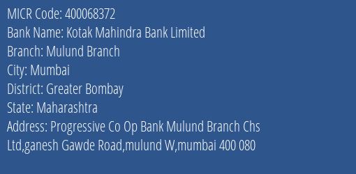 Progressive Co Op Bank Mulund Branch MICR Code