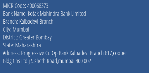 Progressive Co Op Bank Kalbadevi Branch MICR Code