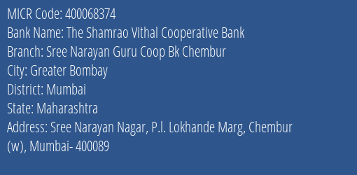 Sree Narayan Guru Coop Bank Chembur MICR Code