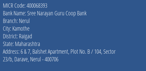 Sree Narayan Guru Coop Bank Nerul MICR Code