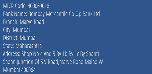 Hdfc Bank Bombay Mercantile Co Op Bank Ltd Branch Address Details and MICR Code 400069018
