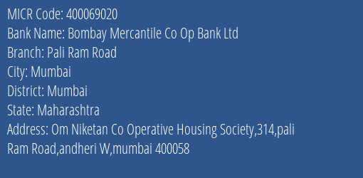 Hdfc Bank Bombay Mercantile Co Op Bank Ltd Branch Address Details and MICR Code 400069020