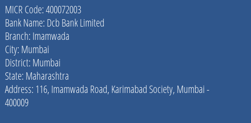 Dcb Bank Limited Imamwada MICR Code