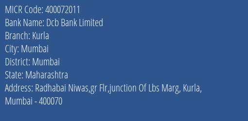 Dcb Bank Limited Kurla MICR Code