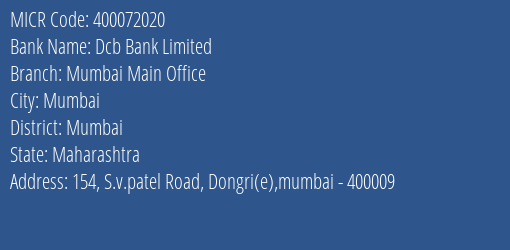Dcb Bank Limited Mumbai Main Office MICR Code