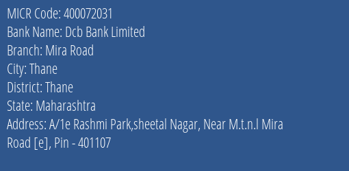 Dcb Bank Limited Mira Road MICR Code
