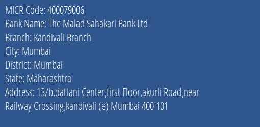 The Malad Sahakari Bank Ltd Kandivali Branch MICR Code