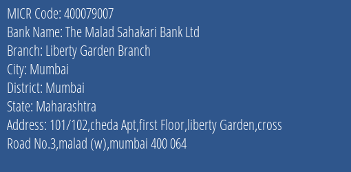 The Malad Sahakari Bank Ltd Liberty Garden Branch MICR Code