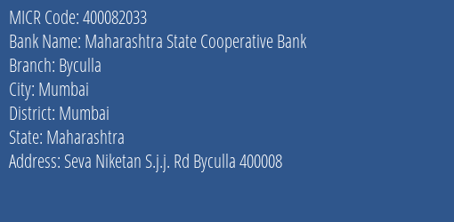 Maharashtra State Cooperative Bank Byculla Branch Address Details and MICR Code 400082033
