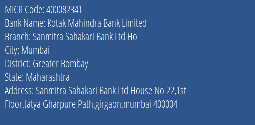 Sanmitra Sahakari Bank Ltd H O MICR Code