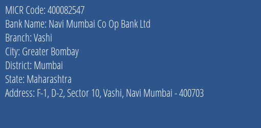 Navi Mumbai Co Op Bank Ltd Vashi MICR Code