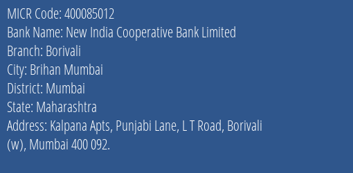 New India Cooperative Bank Limited Borivali MICR Code