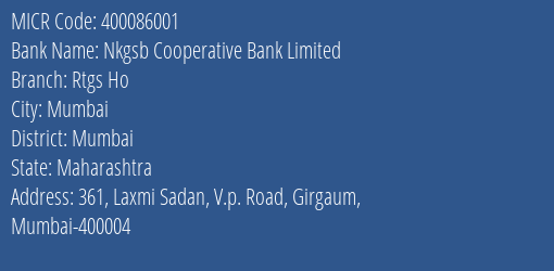 Nkgsb Cooperative Bank Limited Rtgs Ho MICR Code