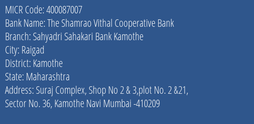 Sahyadri Sahakari Bank Kamothe MICR Code