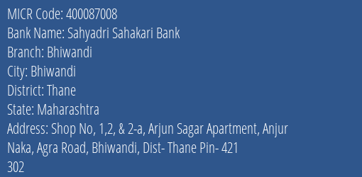 Sahyadri Sahakari Bank Bhiwandi MICR Code