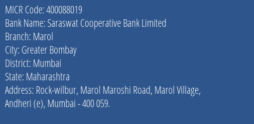 Saraswat Cooperative Bank Limited Marol MICR Code