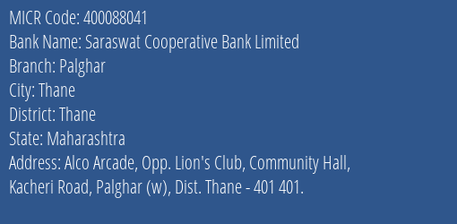 Saraswat Cooperative Bank Limited Palghar MICR Code