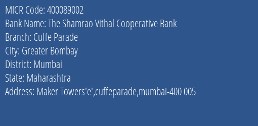 The Shamrao Vithal Cooperative Bank Cuffe Parade MICR Code