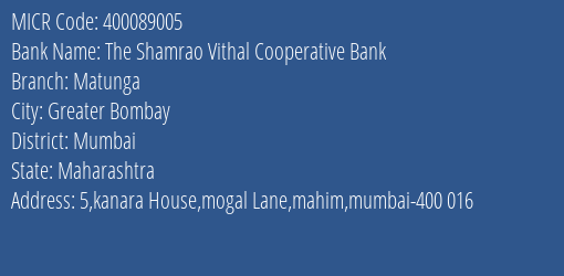 The Shamrao Vithal Cooperative Bank Matunga MICR Code