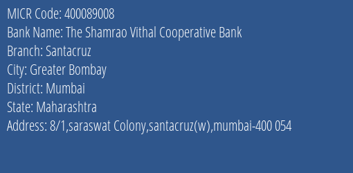 The Shamrao Vithal Cooperative Bank Santacruz MICR Code