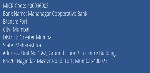 Mahanagar Cooperative Bank Fort MICR Code