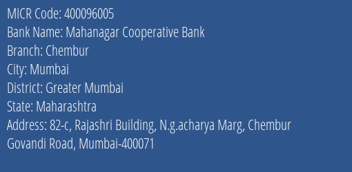 Mahanagar Cooperative Bank Chembur MICR Code